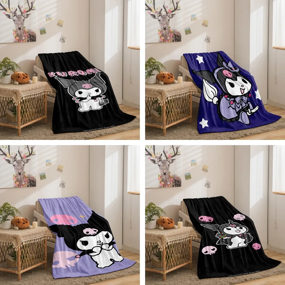 

Фланелевое Одеяло Sanrio Kuromi, одеяло с 3D принтом для дивана, утолщенное одеяло, осеннее и зимнее одеяло для самолета, одеяло для сна