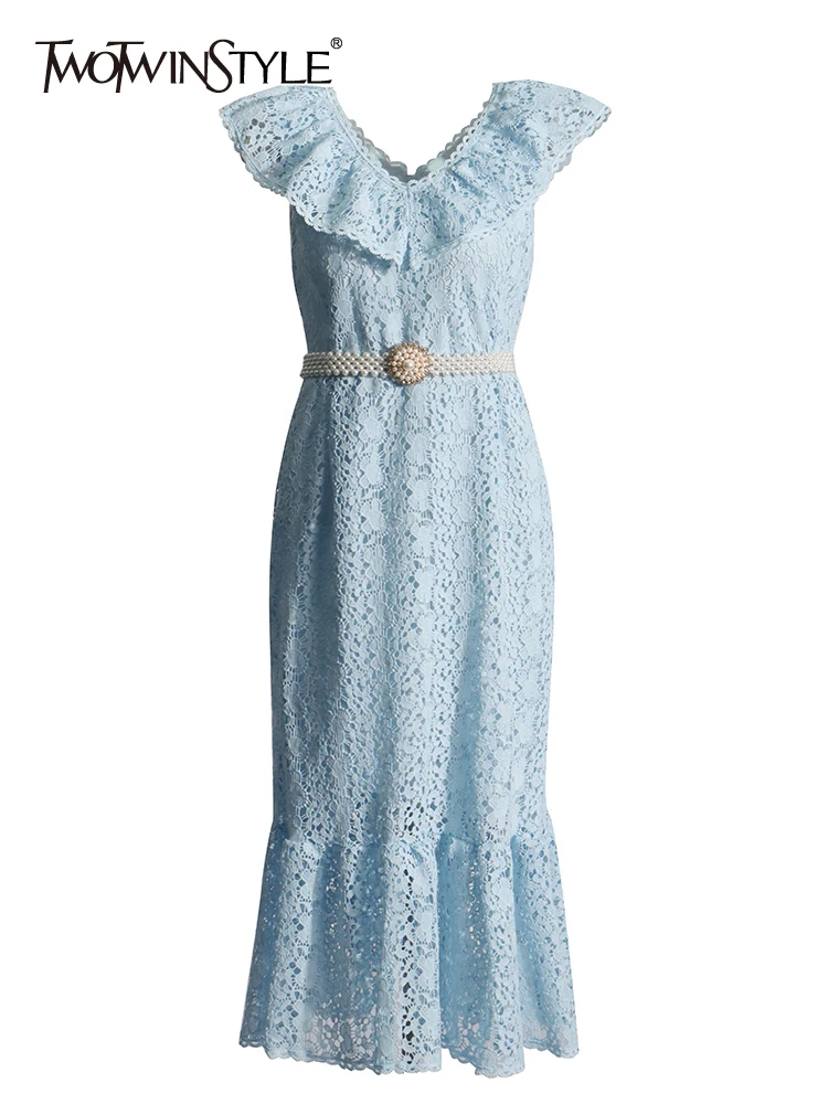 TWOTWINSTYLE Solid Slimming Embroidery Dresses For Women V Neck Flying Sleeve High Waist Patchwork Belt Casual Dress Female New
TWOTWINSTYLE Solid Slimming Embroidery Dresses For Women V Neck Flying Sleeve High Waist Patchwork Belt Casual Dress Female New