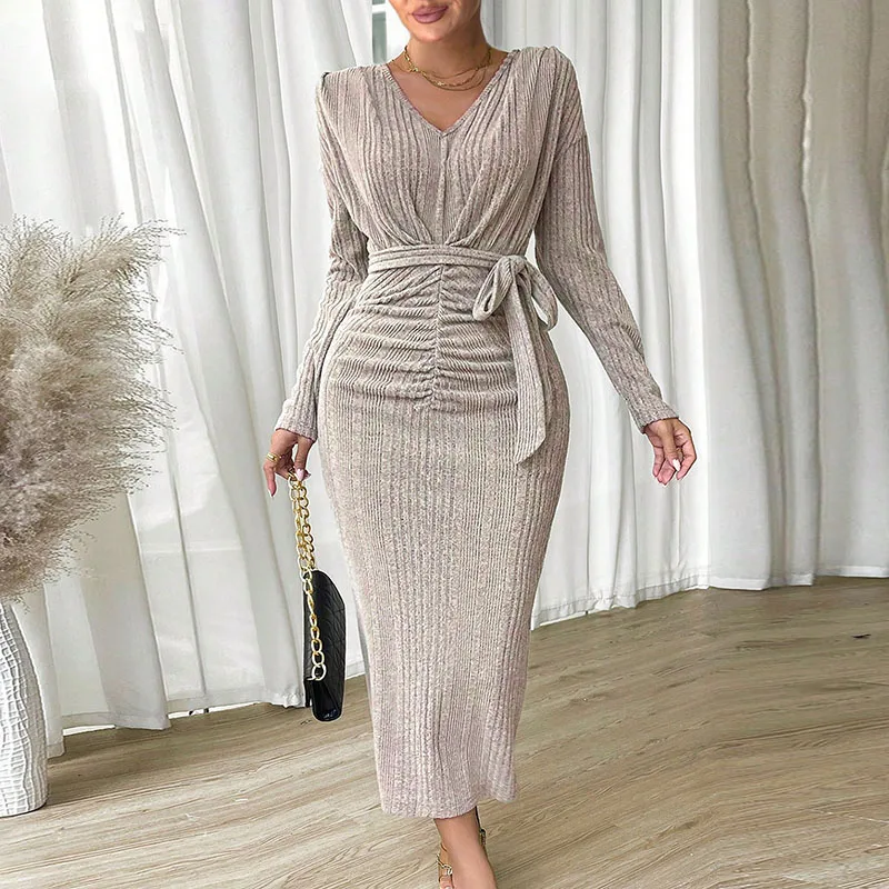 Elegant Ladies Lace Up Knitted Dress Autumn Casual Solid Long Sleeved Slim Dress Sexy V-neck Draped Office A-line Dress Vestidos
Elegant Ladies Lace Up Knitted Dress Autumn Casual Solid Long Sleeved Slim Dress Sexy V-neck Draped Office A-line Dress Vestidos