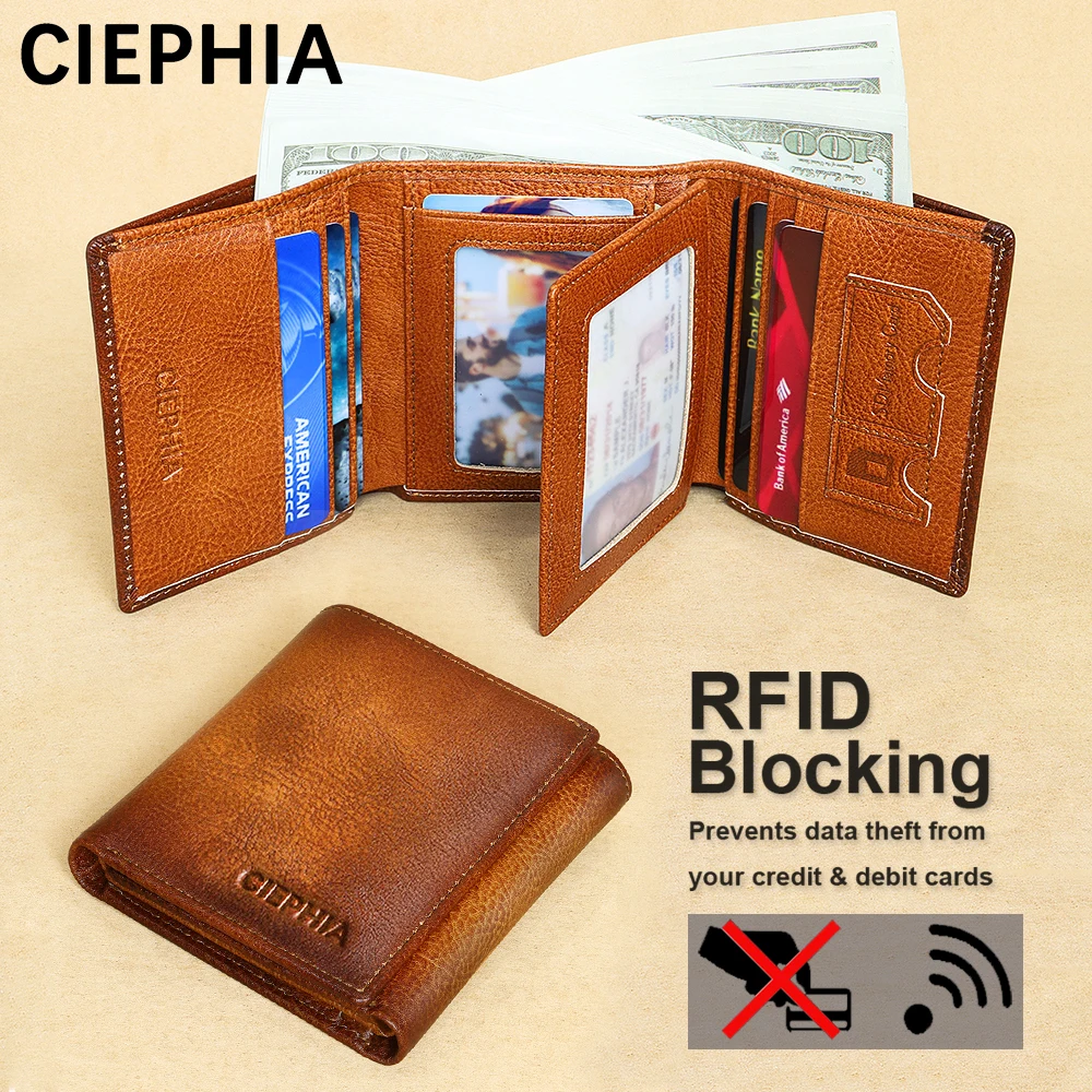 

Men's Genuine Leather Trifold Wallet Folded ID Windows RFID Blocking Vintage Multi Function ID Credit Card Hold Money Bags Gifts