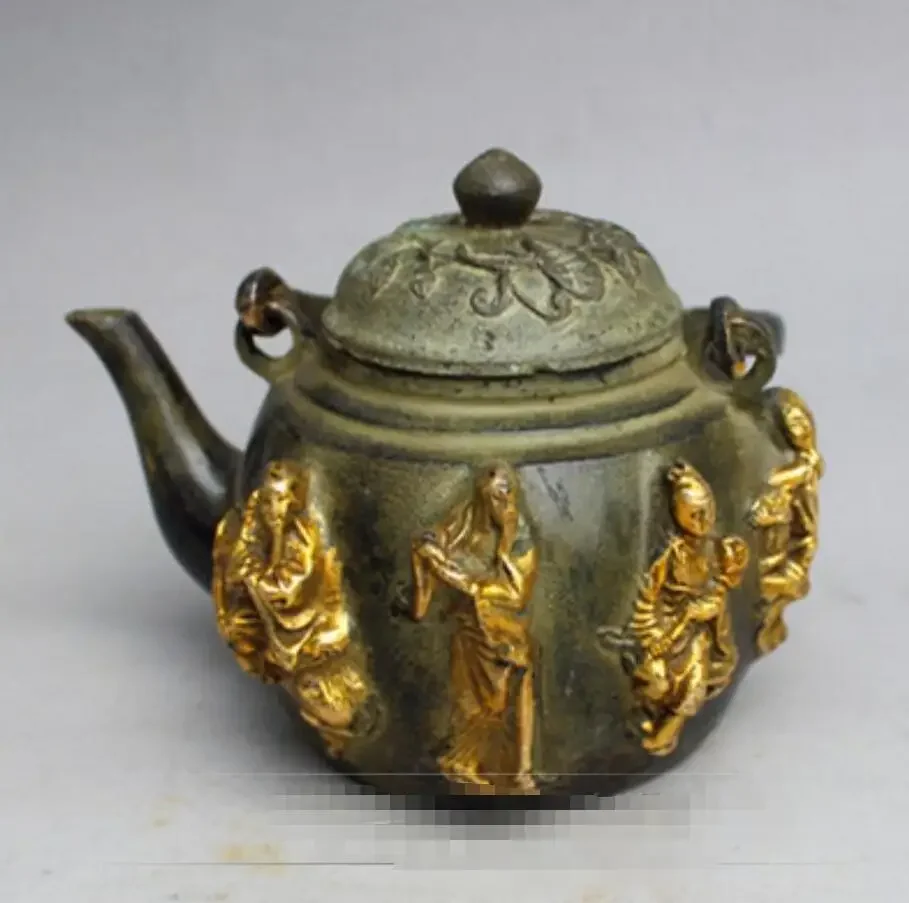 Antique pure copper bronze carved relief gold-plated eight immortals teapot ornaments
Antique pure copper bronze carved relief gold-plated eight immortals teapot ornaments
