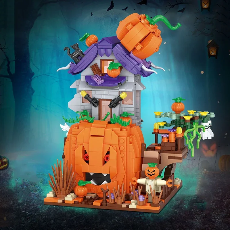 

Halloween Pumpkin House Model Mini Building Blocks DIY Small Particle Assembled Decorations Toys Gifts for Adults and Children