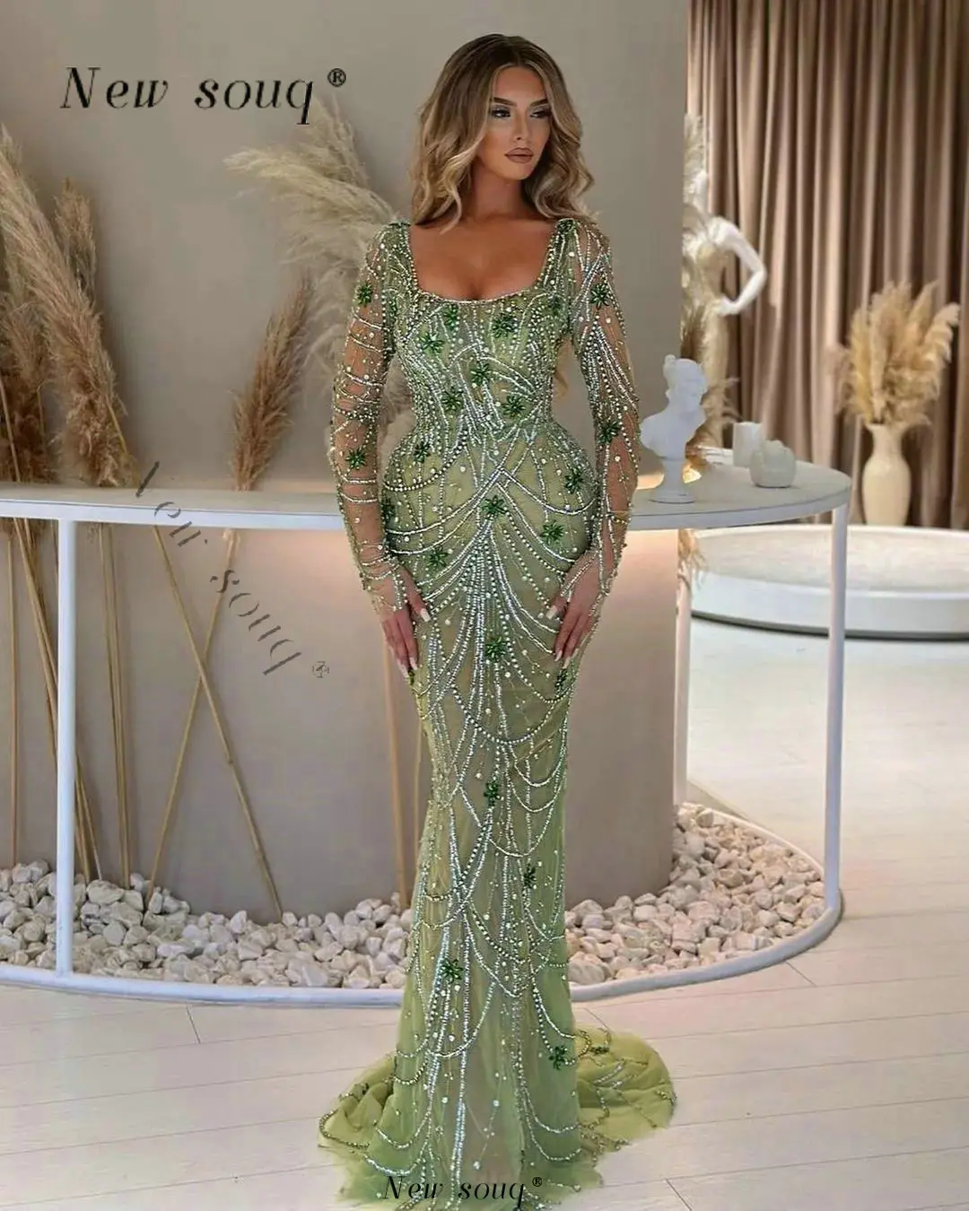 

Вечерние платья с длинным рукавом, Зеленые Бусины, кристаллы, камень, квадратный вырез, элегантные платья для торжественных мероприятий, свадеб 2024