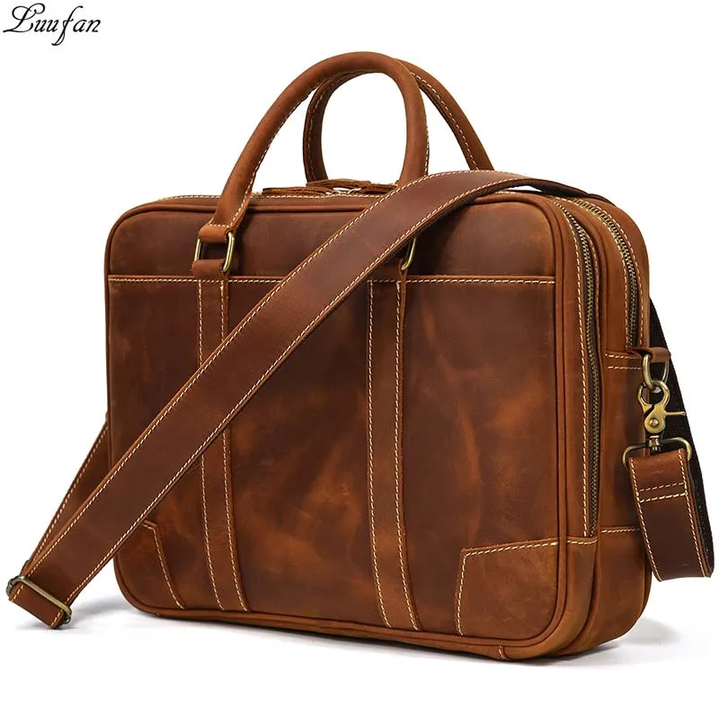 

Vintage Men's Crazy Horse Genuine Leather Briefcase Business Handbag Cow Leather Fit 14" Laptop Portfolio Shoulder Messenger Bag