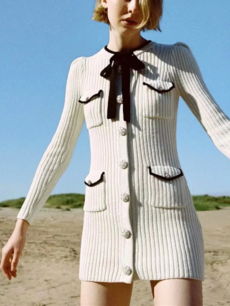 Women's Bow Pearl Diamond O-Neck Lace up Knit Mini A-Line Dress 2023 Silm Buckle Slim Knitted Long Sleeve Robes
Women's Bow Pearl Diamond O-Neck Lace up Knit Mini A-Line Dress 2023 Silm Buckle Slim Knitted Long Sleeve Robes