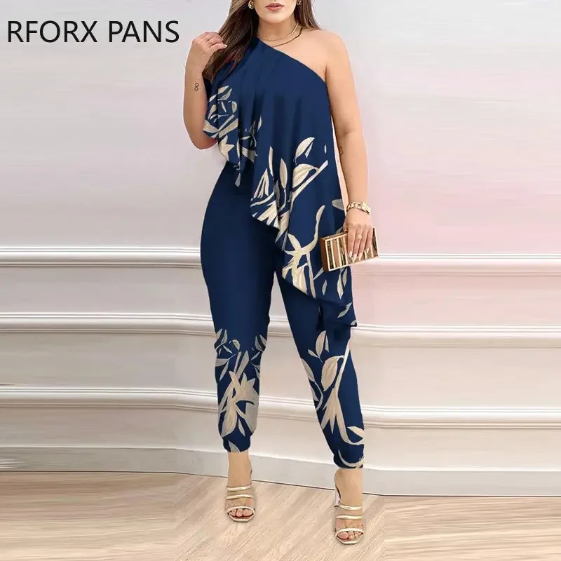 

Women Elegant Sexy All Over Print Daigonal Collar Asymmetrical Elastic Waist Ankle Length Pants Sets