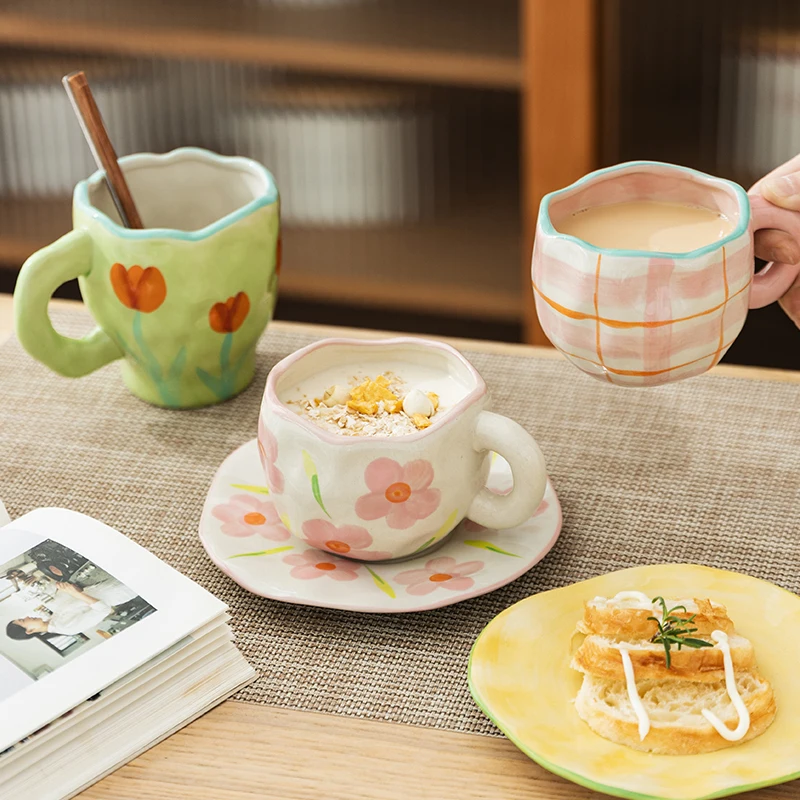 

Керамическая кофейная чашка ручной росписи с цветами, ручка для завтрака, молока, сока, чая, чашка в подарок, безопасная для микроволновой печи