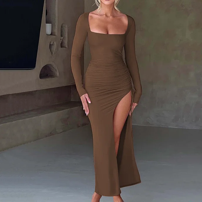 

Асимметричное однотонное, приталенное, повседневное женское платье 2024, сексуальное Новое элегантное платье с квадратным вырезом, разрезом и длинными рукавами, Прошитый шнурок