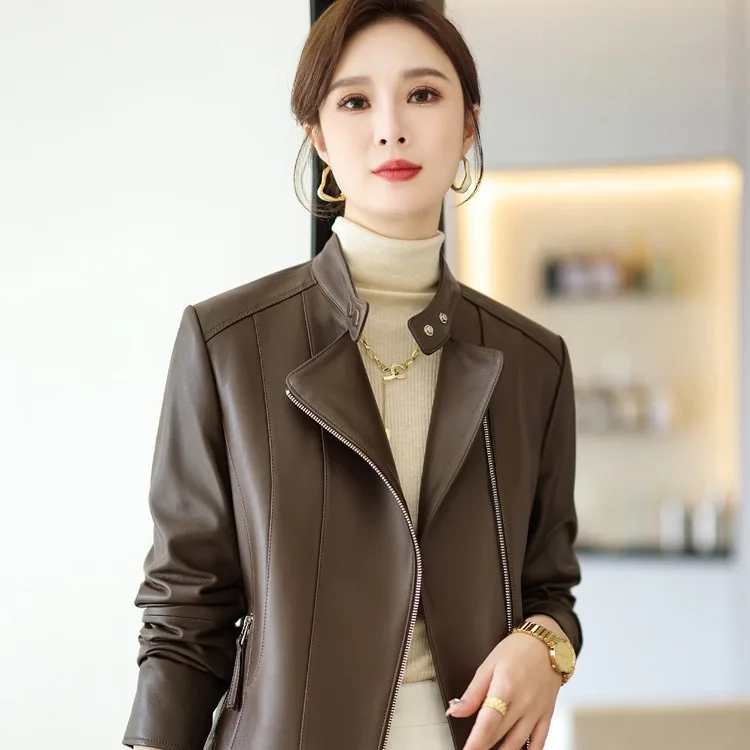 

2024Haining's new spring short standing collar women's genuine leather sheepskin motorcycle leather jacket, fashionable and