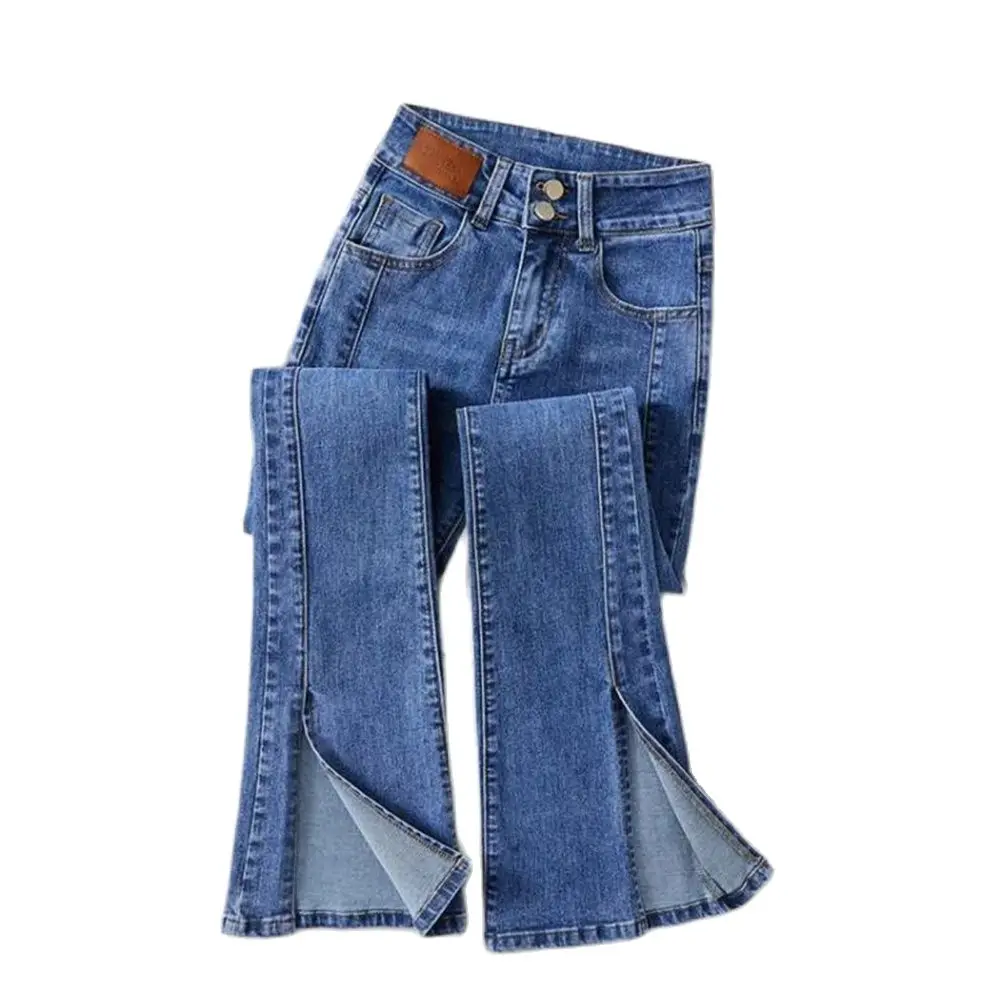 

Button Fly Women's Hem Flare Jeans Autumn Woman Denim Pants Jean Femme High Waist Full Length Slim Jeans Slit Bootcut Jeans