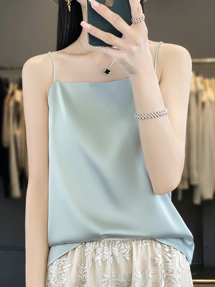 Women's Sleeveless One Line Neckline Sling Summer New Silk Satin Finish Camisole Slim Vest Sexy Tank Female Suspender Solid Tops
Women's Sleeveless One Line Neckline Sling Summer New Silk Satin Finish Camisole Slim Vest Sexy Tank Female Suspender Solid Tops