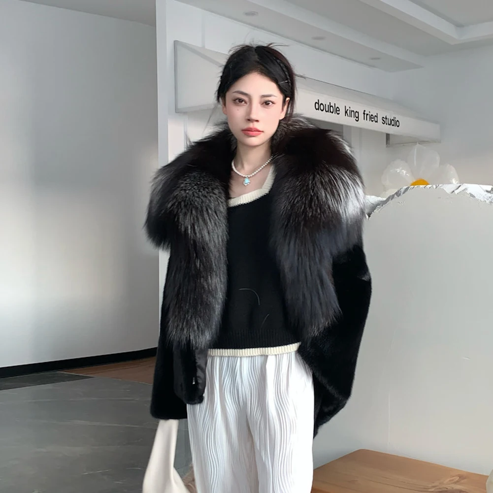 Denny&Dora Women's Mink Fur Coat Silver Fox Lapel Collar Woman Coat Black Fur Coat Denny&Dora Women's Mink Fur Coat Silver Fox Lapel Collar Woman Coat Black Fur Coat