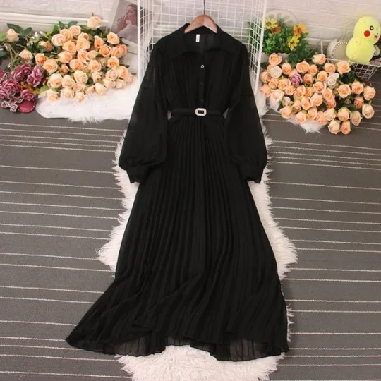 

2024 Spring New Collection Waist Slimming Flip Collar Hundred pleats Elegance Ruffle Edge Long Sleeve Large Swing Dress