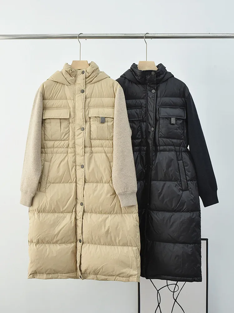 Women Cashmere Splice Down Coat Warm Beading Chain Hooded Single Breasted Drawstring Winter 2023 Female Mid-Length Jaket 
Women Cashmere Splice Down Coat Warm Beading Chain Hooded Single Breasted Drawstring Winter 2023 Female Mid-Length Jaket