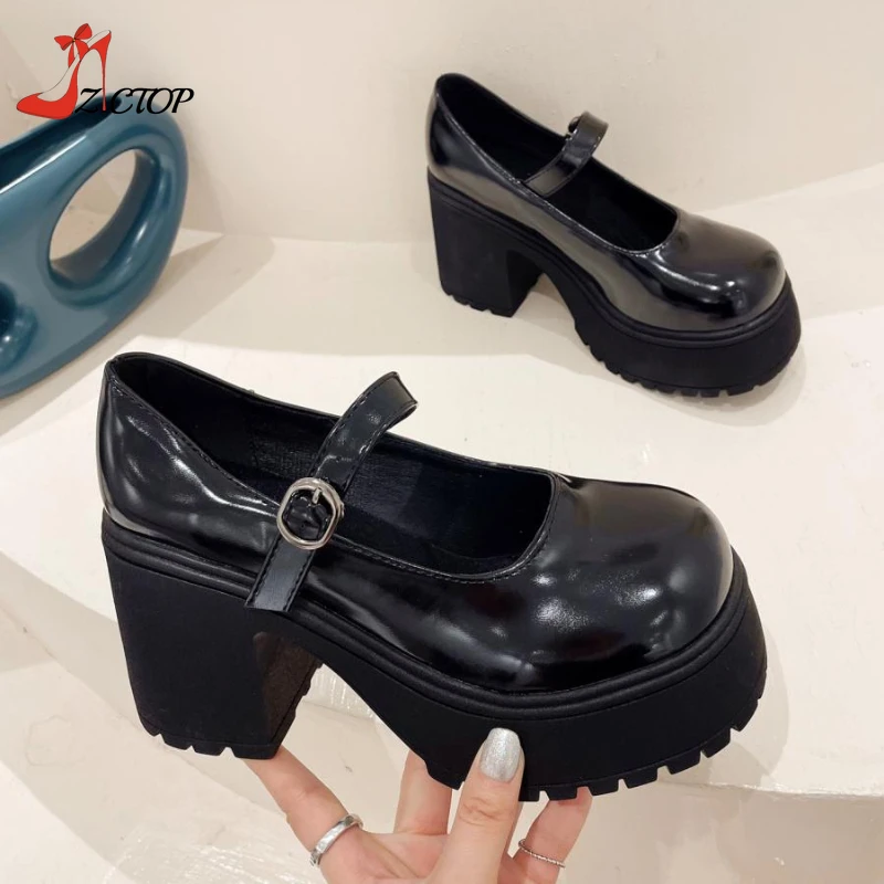 

Black Pumps for Women Platform Mary Jane Heels Round Toe Vintage Chunky High Heeled Buckle Strap Lolita Shoes Ladies 2024 New
