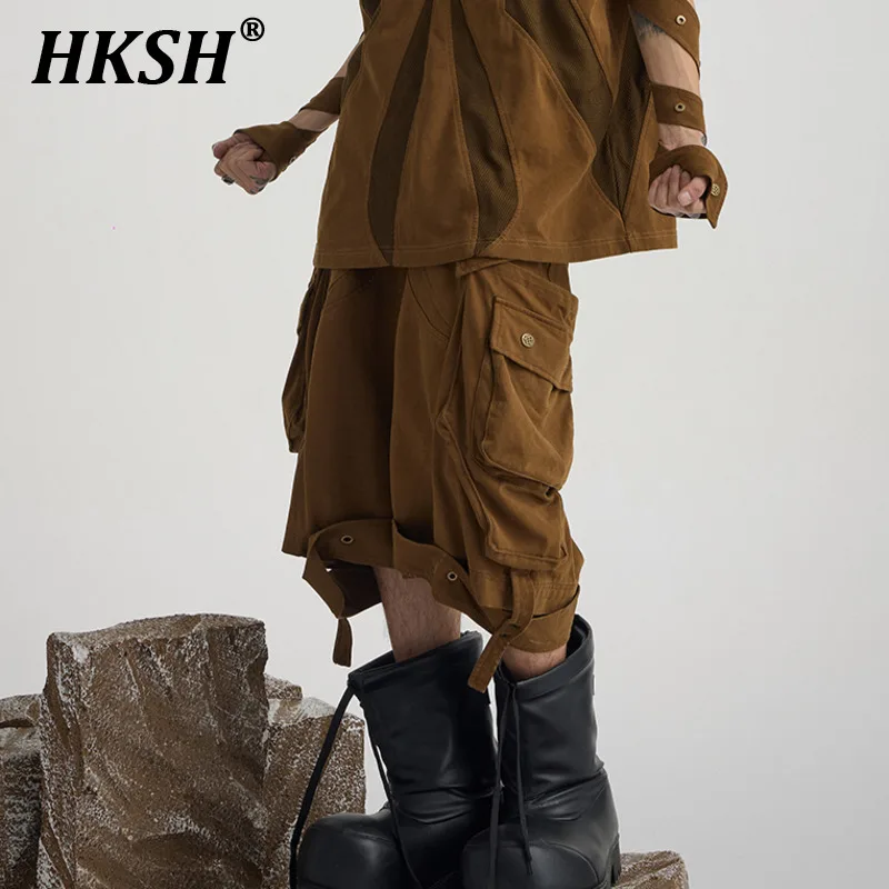 

HKSH Spring Summer New Men's Dark Punk Tide Waste Land Vintage Heavy Industry Multi Pocket Workwear Casual Knitted Shorts HK0844