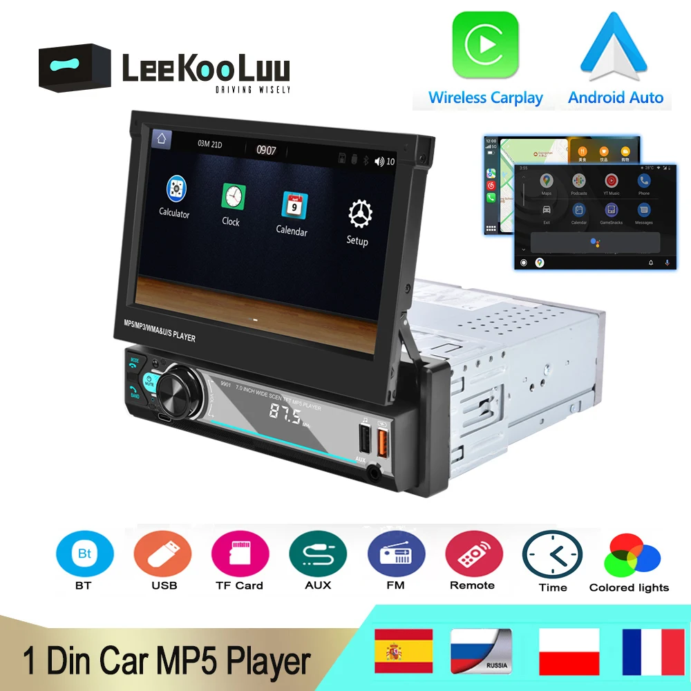 

LeeKooLuu Car Radio 1 Din Wireless Carplay Android Auto Multimedia Player 7" Retractable Screen Bluetooth Mirrorlink Car Stereo