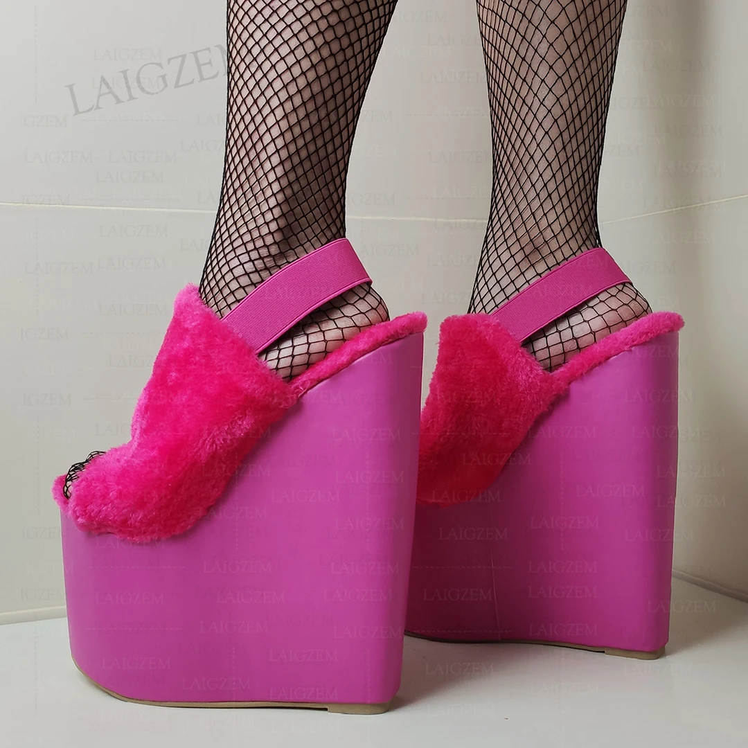 

SEIIHEM Women Sandals Platform Wedges Height Increase 20CM High Heels Ladies Faux Fur Show Club Shoes Woman Big Size 36 43 45 48