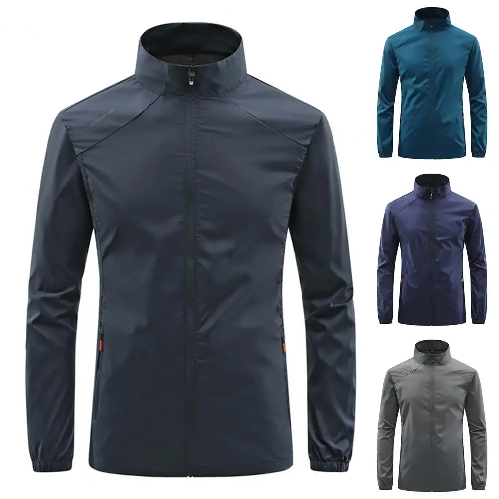 

Stand Collar Long Sleeve Men Coat Zipper Placket Windbreaker Jacket Solid Color Cycling Fishing Windbreaker Coat Streetwear