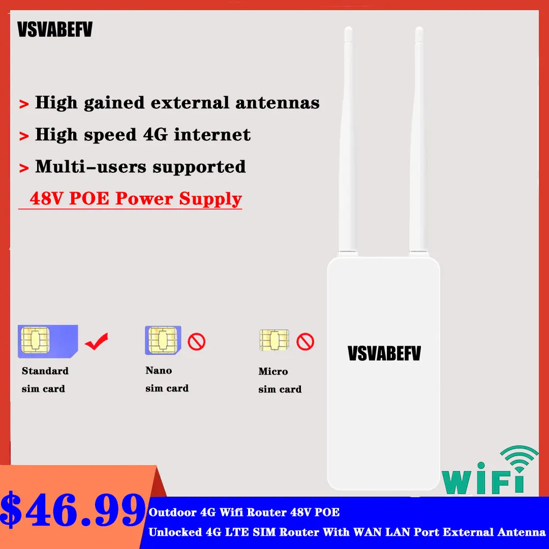 Outdoor 4G Wifi Router Unlocked 4G LTE SIM Router Outside Wifi Coverage For IP Camera With WAN LAN Port External Antenna 48V POE
Outdoor 4G Wifi Router Unlocked 4G LTE SIM Router Outside Wifi Coverage For IP Camera With WAN LAN Port External Antenna 48V POE