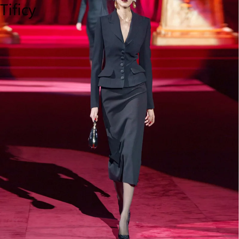 

TIFICY fashion show 24 autumn new women's V-neck single row long sleeved suit jacket+medium length skirt set