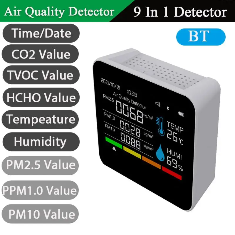 

in 1 BT Air Quality Monitor CO2 Meter Carbon Dioxide Detector Time/Date TVOC HCHO PM2.5 PM1.0 PM10 Temperature Humidity Tester