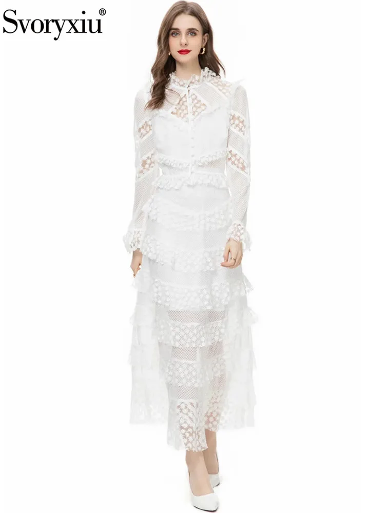 

Svoryxiu Fashion Designer Autumn White Net Yarn Half Skirt Suit Women's Flounces Collar Flounces Sleeve Tops+A-Line Long Skirt
