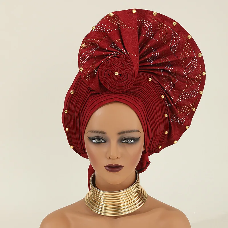 

Bonnet Hijab Turbante Mujer Headband Auto Gele Headtie Already Made Gelee Nigerian Head Wraps African Sego Headtie 1Set