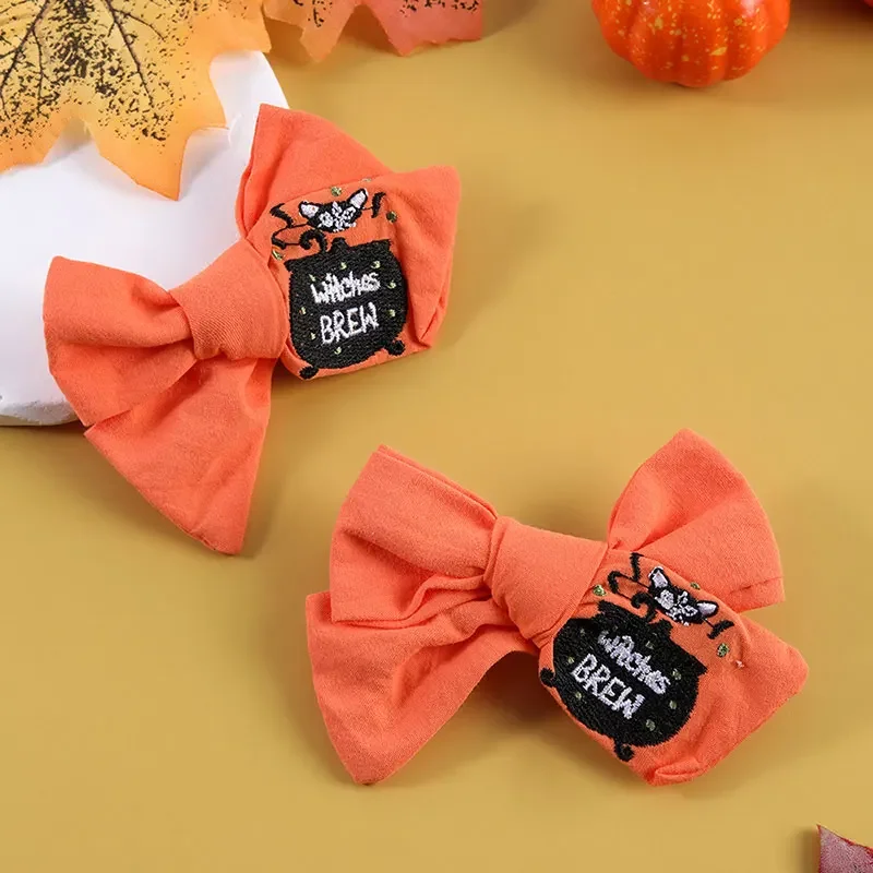 

2Pcs Halloween Hair Bow Clips For Baby Girls Ribbon Embroidery Ghost Pumpkin Hairpins Barrettes Headdress Kids Party Decor