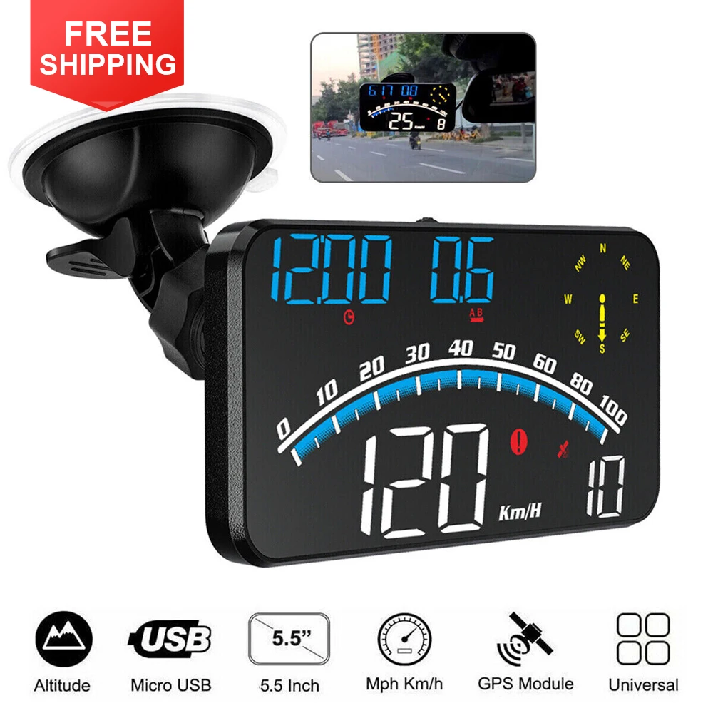 

Universal HUD With Overspeed Alarm Time 5.5" Digital Speedometer Head Up Display LED Display Windscreen Projector GPS Odometer