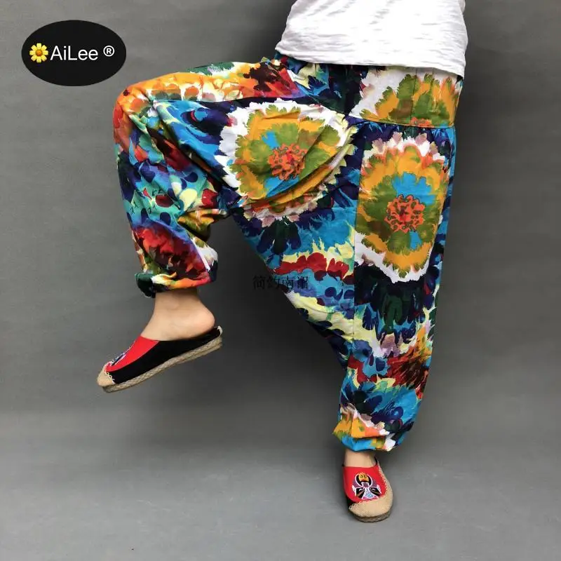 

Large Size Loose Cotton Linen Print Drop Crotch Harem Pants Bloomers Lantern Women Trousers Aladdin Indian Nepal Baggy Pants