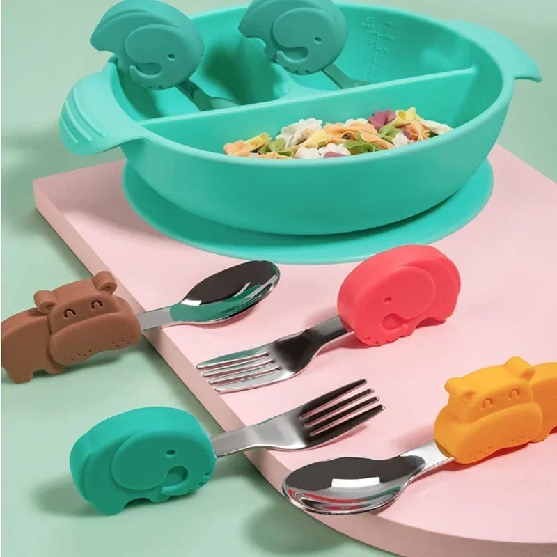 

Baby Gadgets Tableware Set Children Utensil Stainless Steel Toddler Dinnerware Cutlery Cartoon Infant Food Feeding Spoon Fork