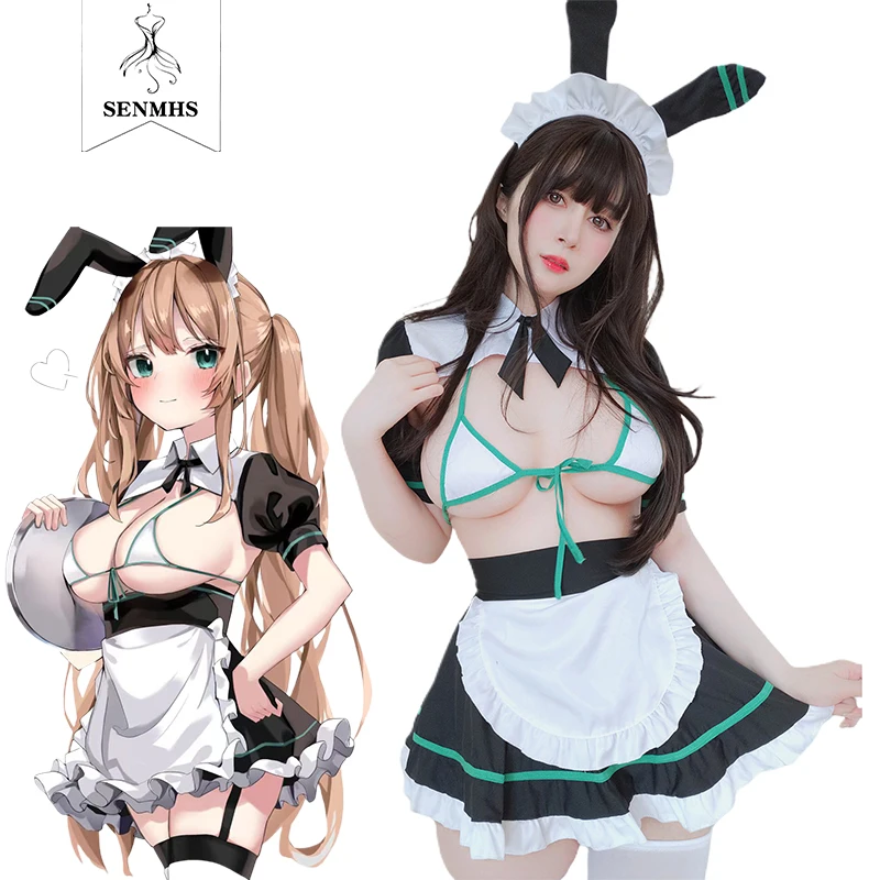 

SENMHS Women Sexy Cute Bunny Maid Uniform Bikini Underwear Set Green Anime Cosplay Waiter Kawaii Lingerie Exotic Costumes