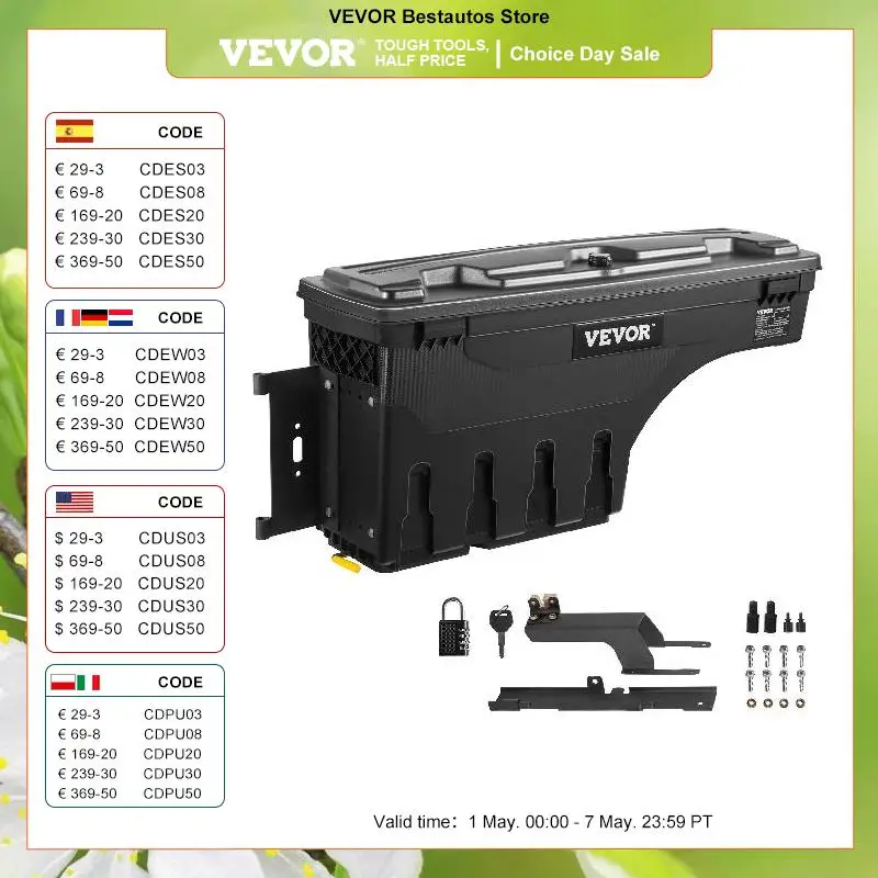 

VEVOR Truck Bed Storage Box Driver Side Lockable Lid Waterproof Wheel Well Tool Box with Password Padlock Black