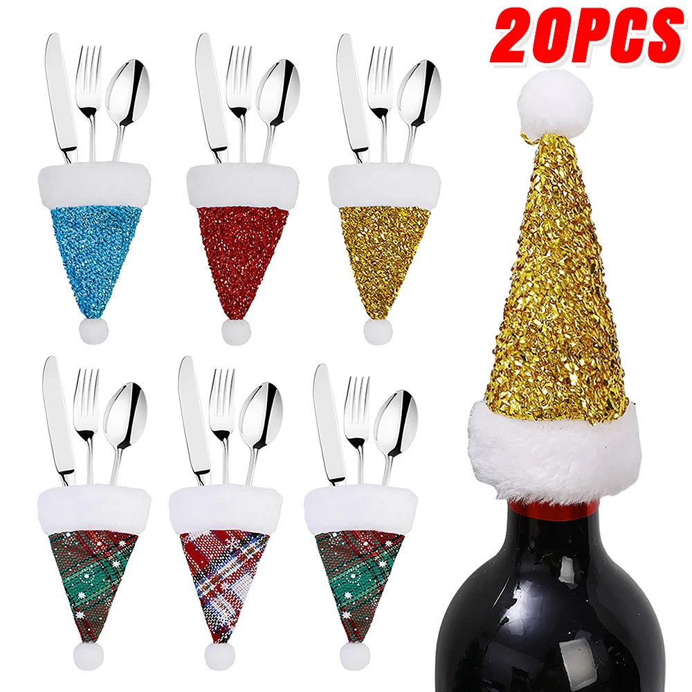 

20/1Pcs Christmas Cutlery Holder Bag Mini Santa Hats Fork Knife Tableware Ornaments Wine Bottle Covers Home Xmas New Year Decors