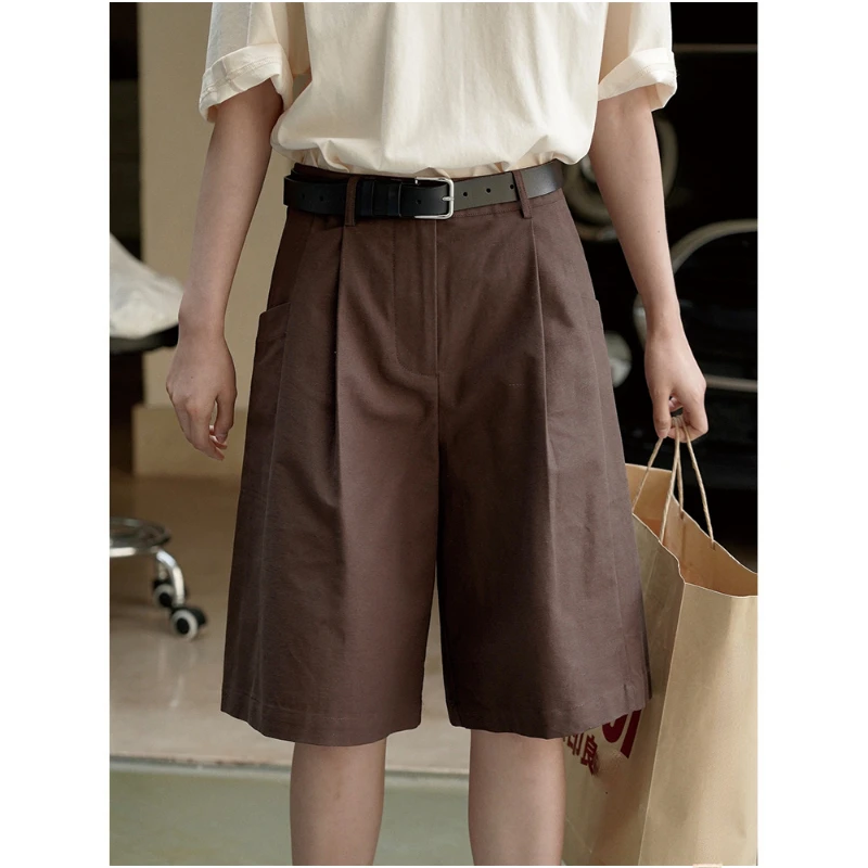 

Summer Cotton Wide-leg Shorts Women Cropped Pants Retro Simple Five-point Tailored Trousers Loose Slim Commuter Casual Bottoms
