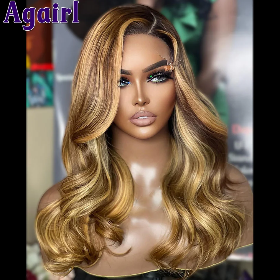 

13X6 Highlight Honey Blonde Brown Body Wave Lace Frontal Wig PrePlucked Glueless 13X4 Lace Front Wig Transparent 5X5 Closure Wig