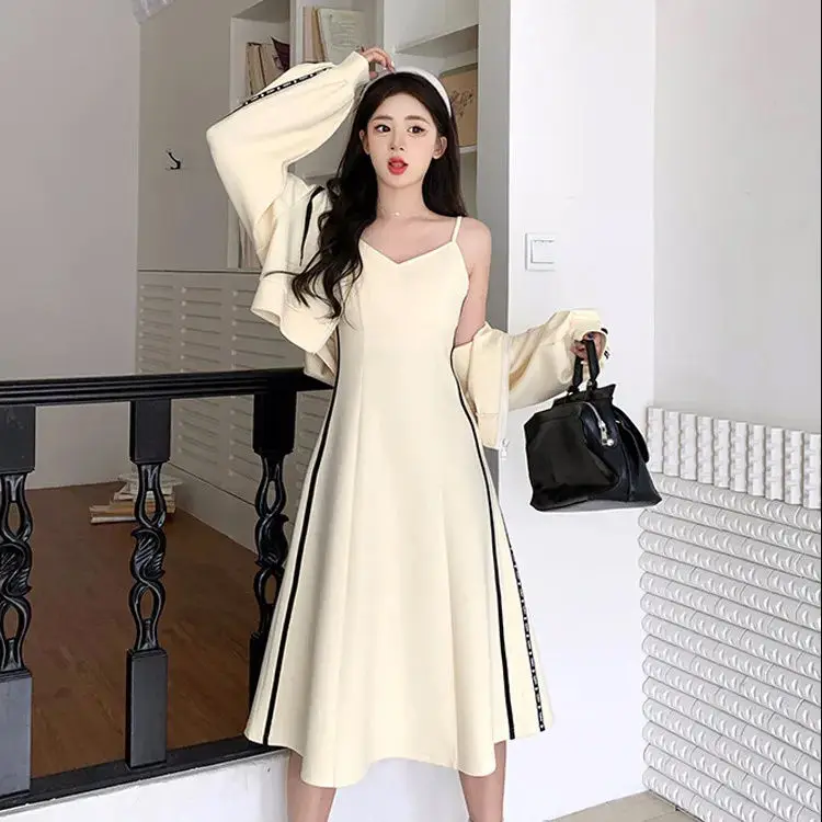 

Корейское платье из двух частей, минималистичный комплект в полоску для женщин, весна-лето, свитшот на молнии с капюшоном, платья на бретелях для уменьшения весны