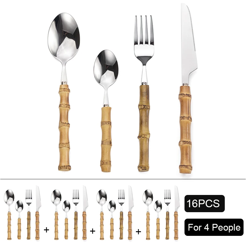 16pcs Tableware Set Natural Bamboo Handle Cutlery Flatware 304 Stainless Steel Fork Knife Spoon Dinnerware
16pcs Tableware Set Natural Bamboo Handle Cutlery Flatware 304 Stainless Steel Fork Knife Spoon Dinnerware