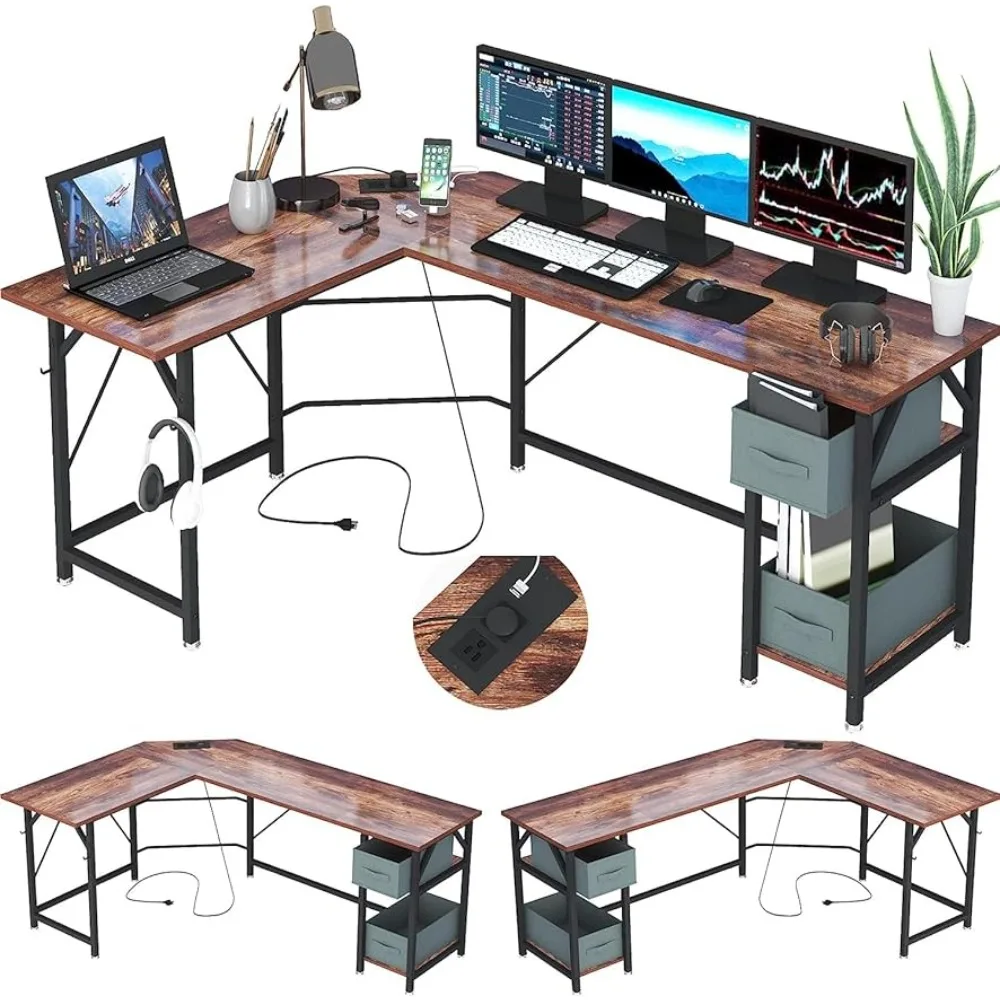 

66 Inch Gaming Desk With Power Outlets Corner Computer Desk With Drawers Large Writing Study Table Workstation With Hooks Office