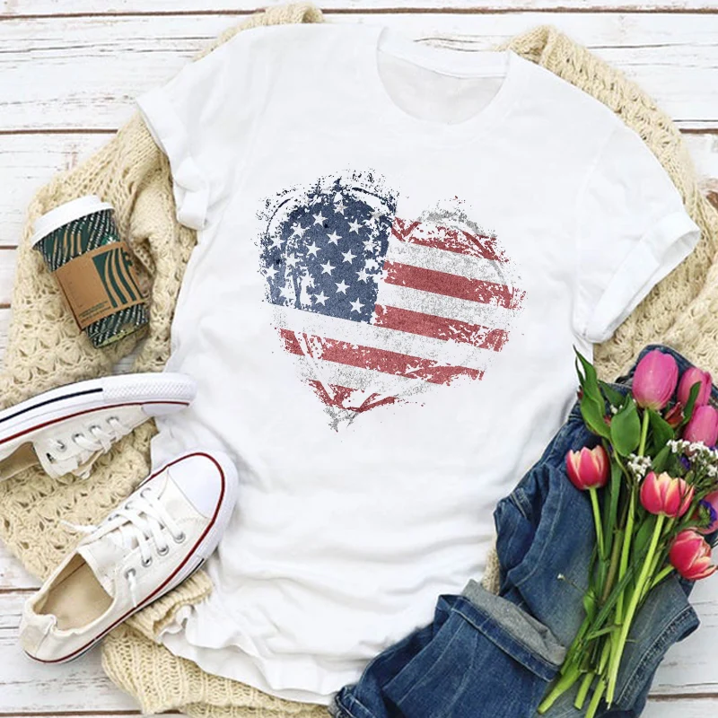 

Women Graphic USA Flag American Patriotic Heart Love Summer T-Shirt Tops Lady Womens Clothing Vacation Tee Wear T Shirt