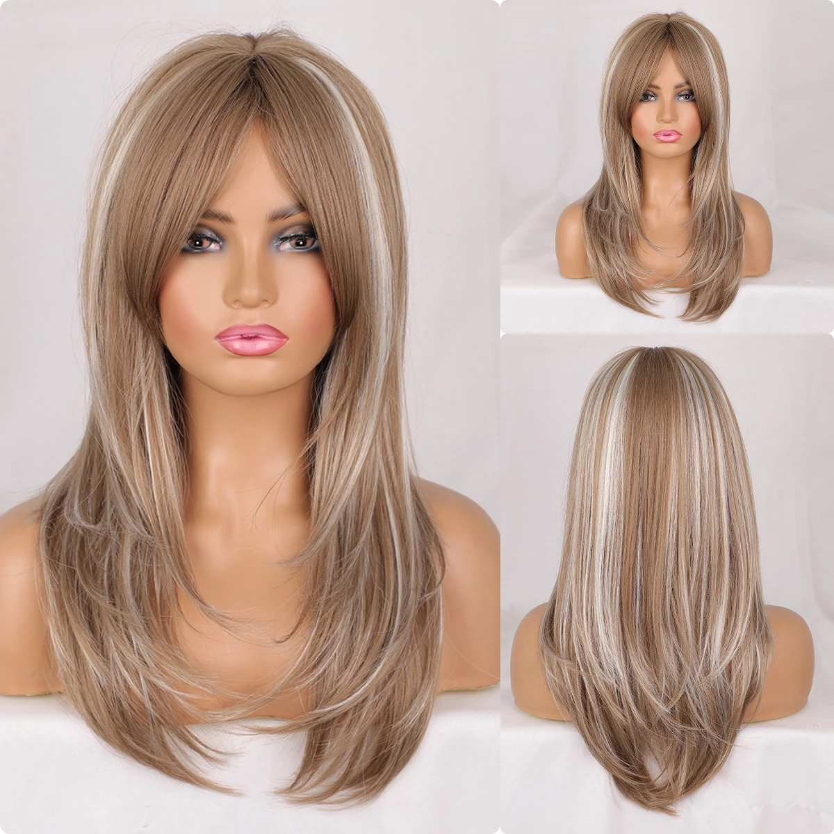 

Brown Mixed Blonde Synthetic Wigs with Bang Long Natural Wavy Hair Wig for Women Daily Cosplay Use Heat Resistant