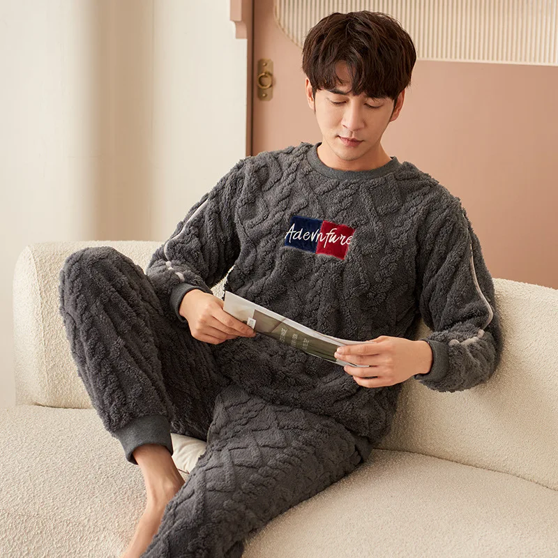 

2 Pieces Set Men's Winter Warm Sleepwear Flannel Long Sleeves Sleeping Top & Pant Loungewear Young Boy Pjs Pyjamas Male Pijamas