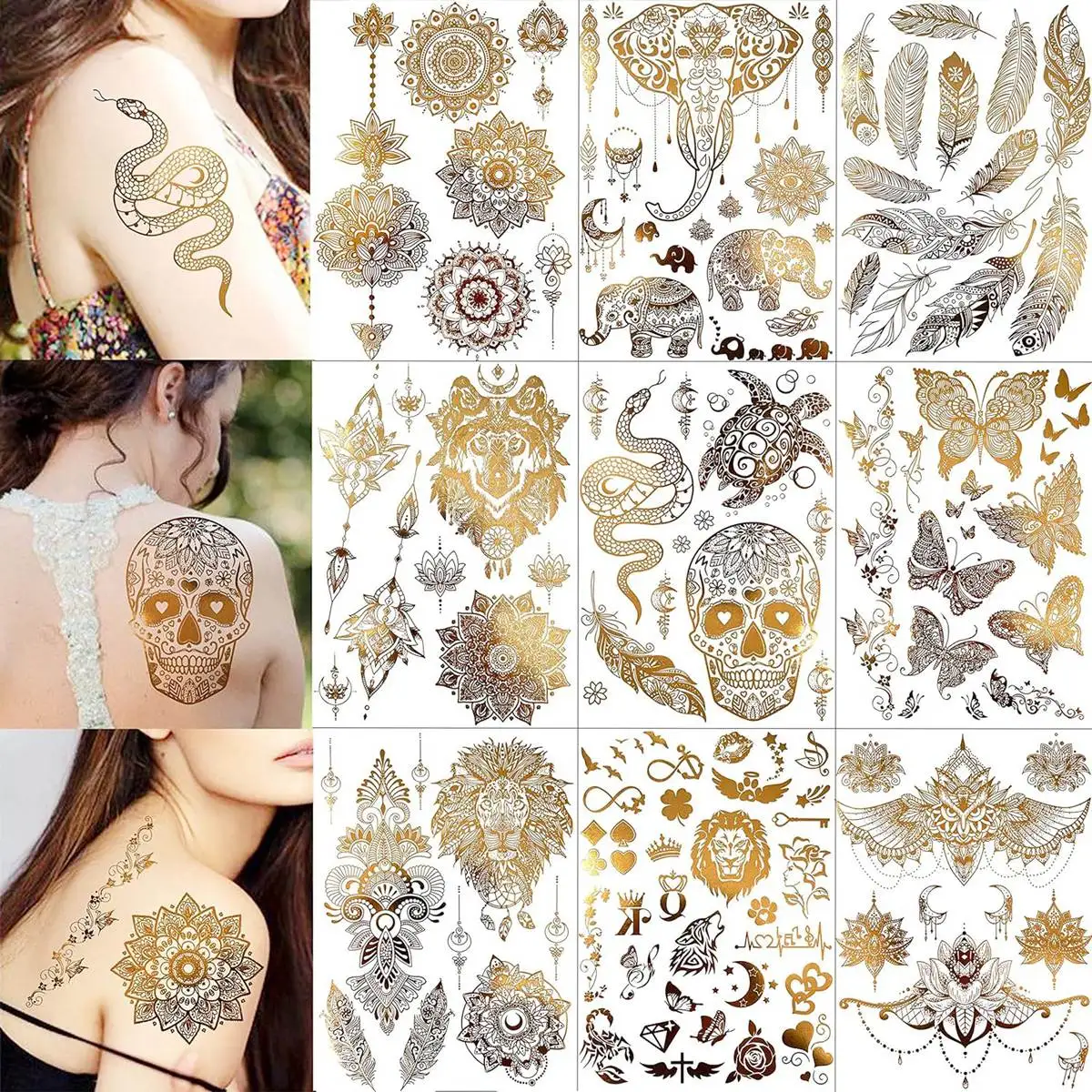 

9 Sheets Flash Metallic Temporary Tattoos For Women Girls Neck Fake Tattoo Sticker 3D Animal Skull Mandala Flower Tatoos Glitter