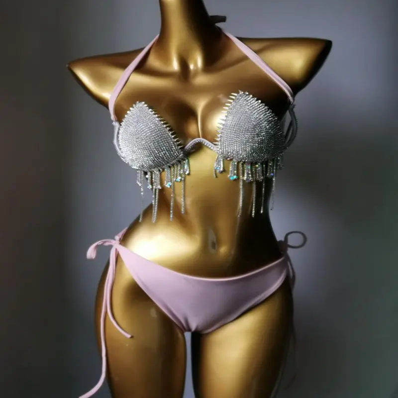 

2023 New Bikini Sexy Split Swimsuit Two-piece Set, Nightclub Performance Attire with Diamond Silver Tassel Lace Up Swimsuit
