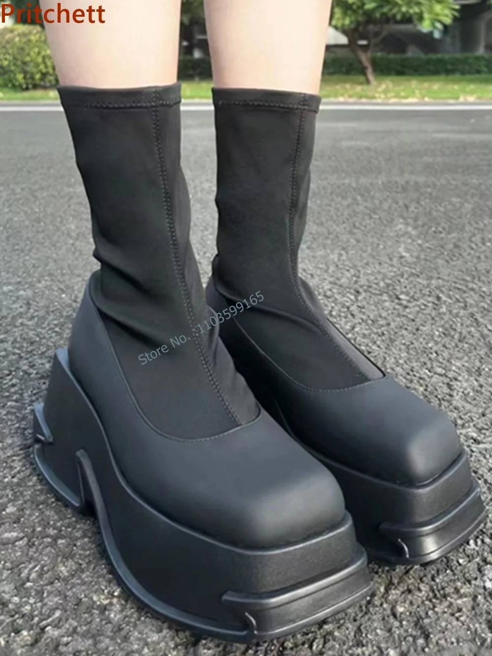 

Solid Black Sock Boots Thick Soled Platform Square Toe Slip On Mid Calf Boots Spring Patchwork 2024 Newest Runway Party Shoes