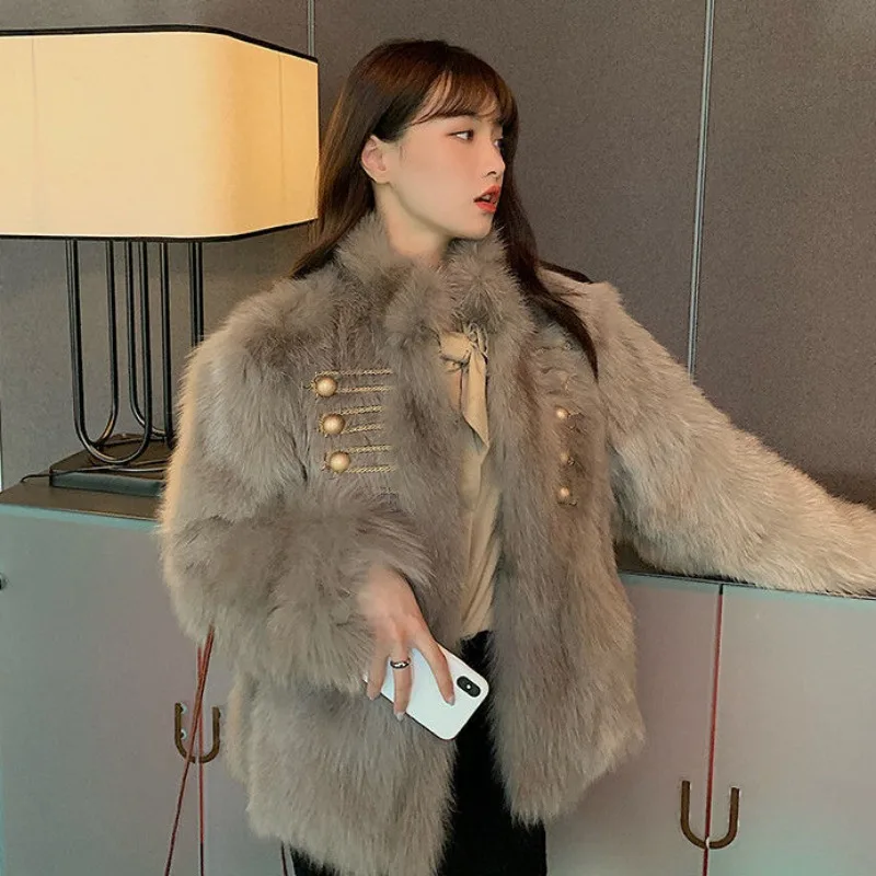 

2023 Autumn Winter New Women Imitation Fox Fur Fur Coat Loose Stand Collar Short Outwear Temperament Keep Warm Casual Outcoat