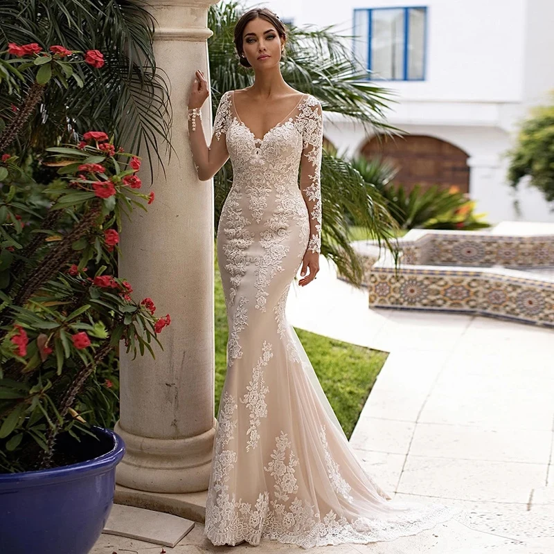 2022 Mermaid Wedding Dresses V-Neck Illusion Full Sleeves Tulle Lace Appliques Backless Formal Elegant Bride Gowns
2022 Mermaid Wedding Dresses V-Neck Illusion Full Sleeves Tulle Lace Appliques Backless Formal Elegant Bride Gowns