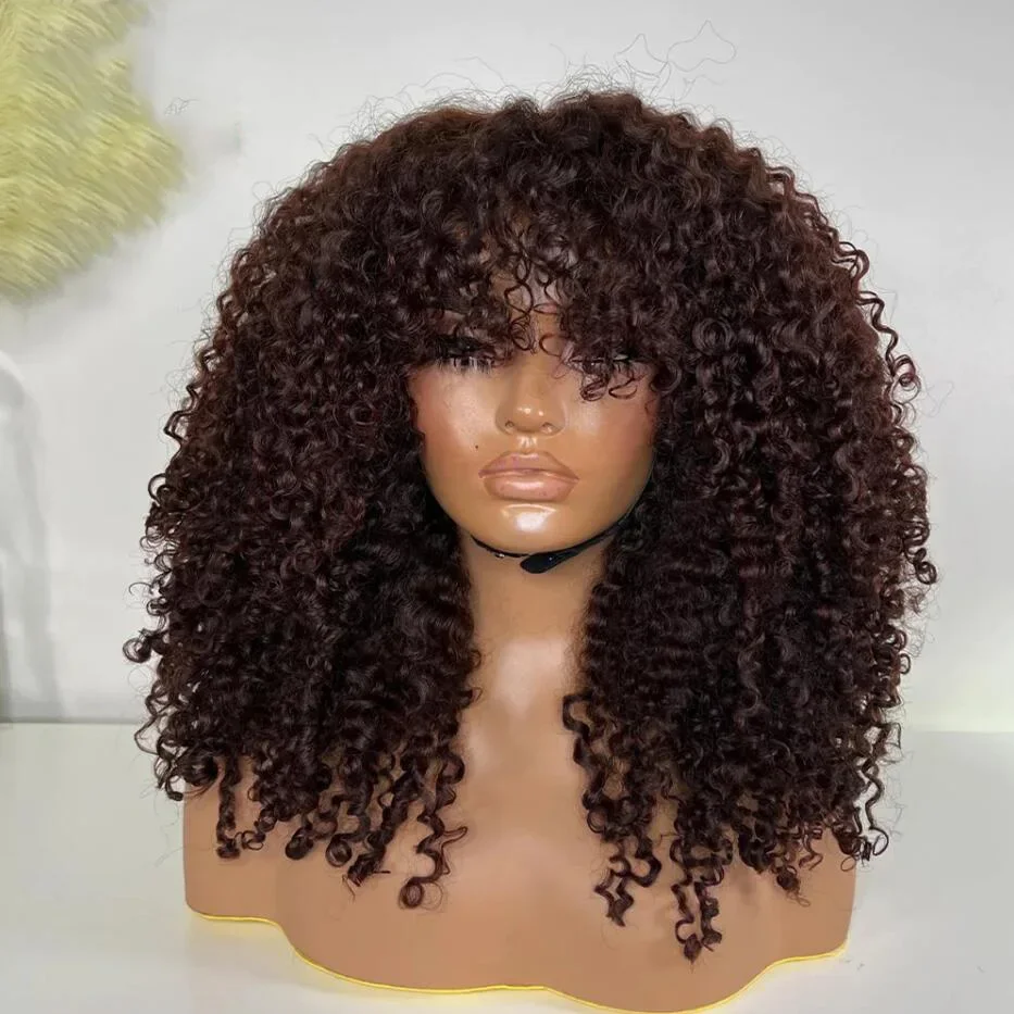 

Long 26“ Dark Brown Kinky Curly Machine Made Wig With Bangs For African Women Glueless High Temperature Cosplay Daily Wig