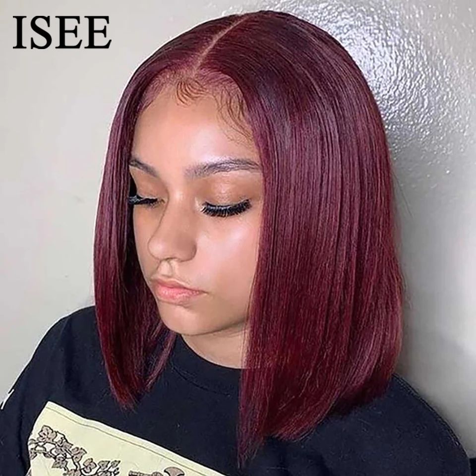 

ISEE Hair Wear Go 99j Burgundy Lace Front Human Hair Wig Glueless HD Straight Bob Wigs 6x4 Transparent Pre Cut Pre Plucked Hair